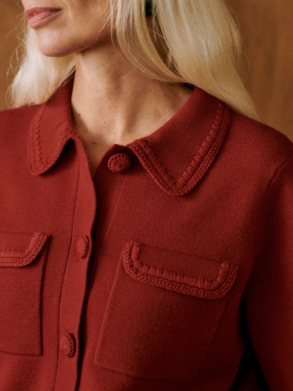 Sezane Terracotta Red Knit Cropped Betty Cardigan Jacket - Picture 3 of 8